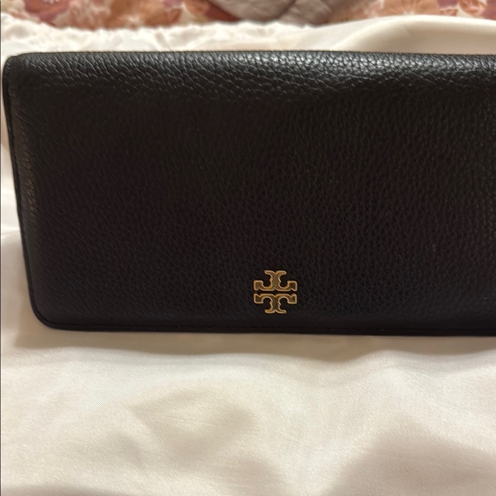 Tory Burch Black Leather Clutch with Gold Emblem